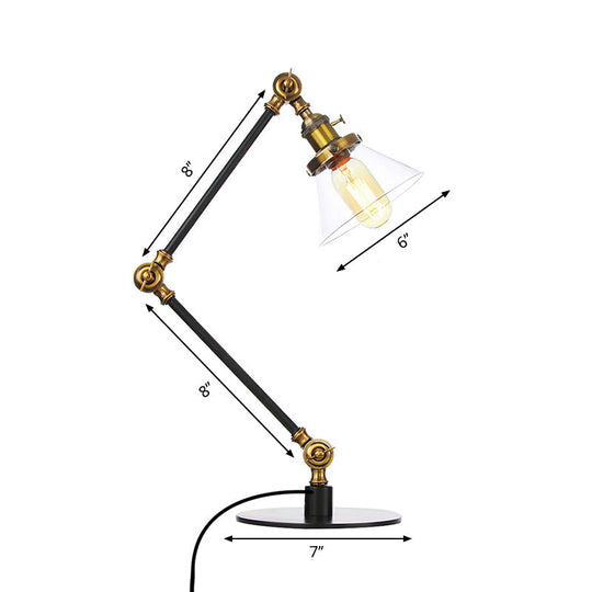 Adjustable Arm Industrial Table Lamp With Clear Glass Shade - Black/Brass Finish