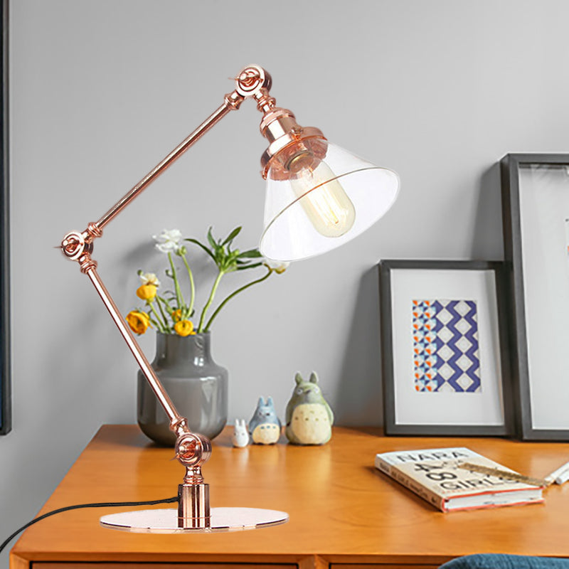 Adjustable Arm Industrial Table Lamp With Clear Glass Shade - Black/Brass Finish Copper / A