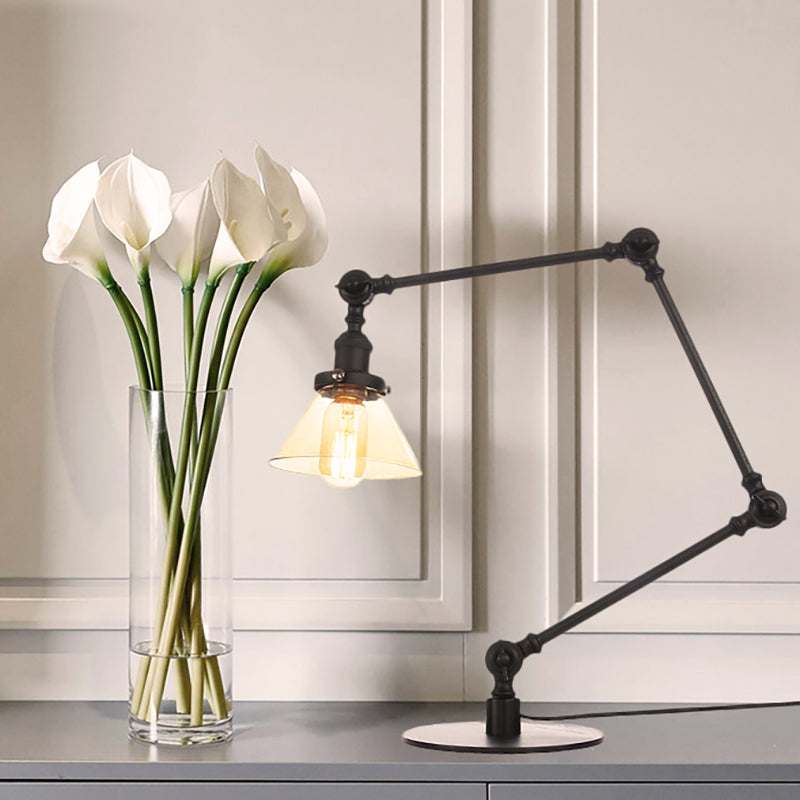 Adjustable Arm Industrial Table Lamp With Clear Glass Shade - Black/Brass Finish