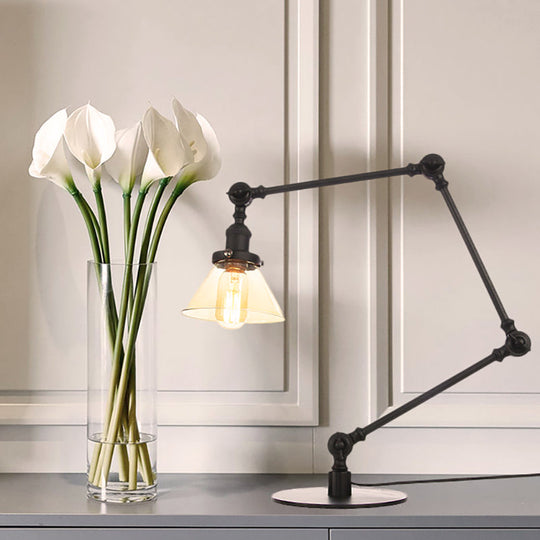 Adjustable Arm Industrial Table Lamp With Clear Glass Shade - Black/Brass Finish