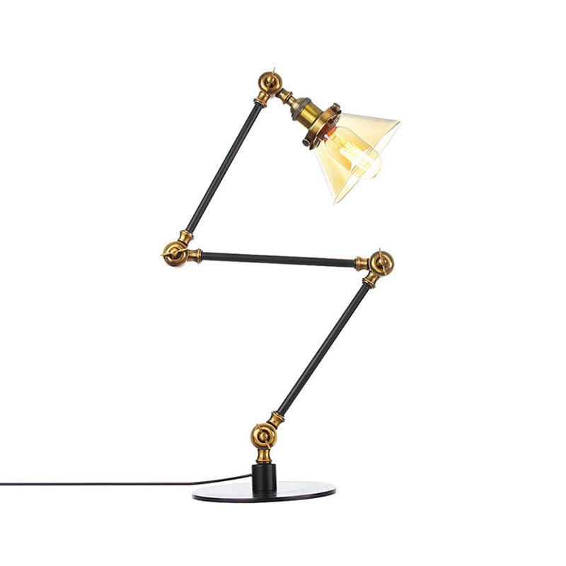 Adjustable Arm Industrial Table Lamp With Clear Glass Shade - Black/Brass Finish