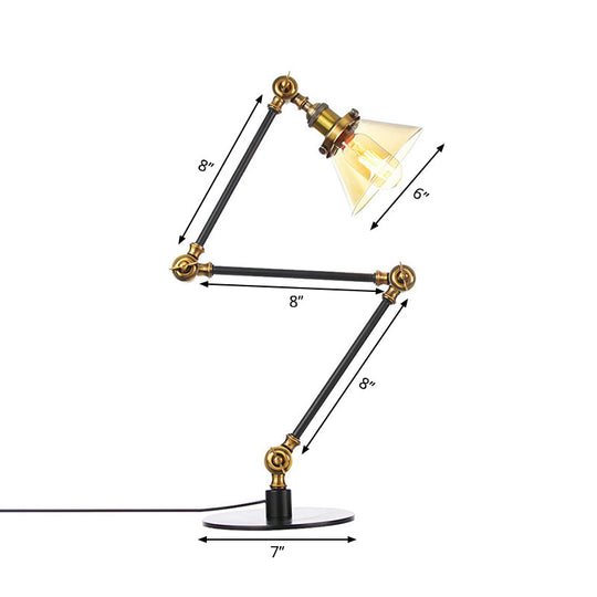 Adjustable Arm Industrial Table Lamp With Clear Glass Shade - Black/Brass Finish