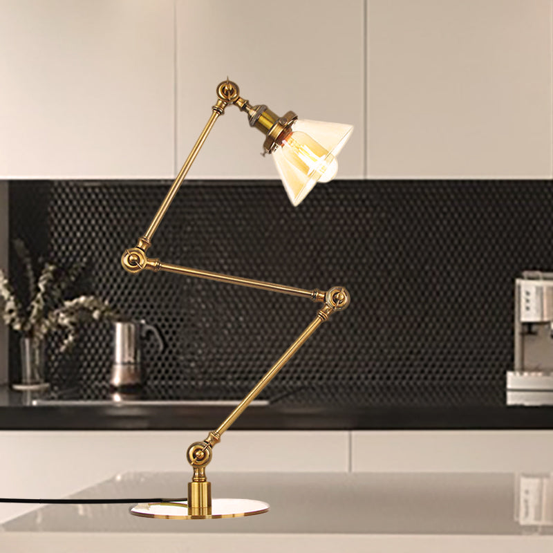 Adjustable Arm Industrial Table Lamp With Clear Glass Shade - Black/Brass Finish Gold / Amber B