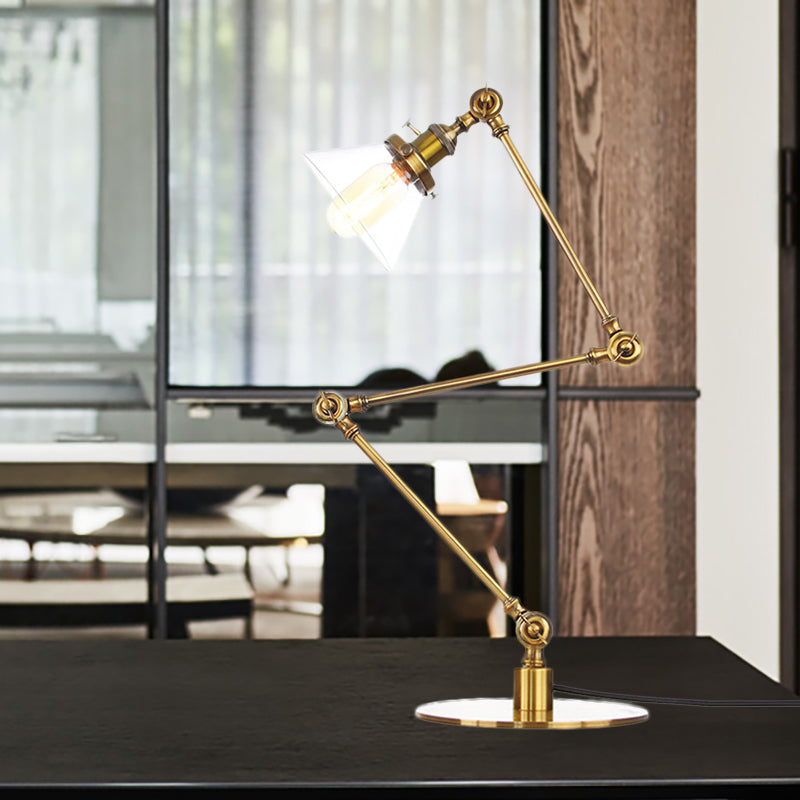 Adjustable Arm Industrial Table Lamp With Clear Glass Shade - Black/Brass Finish