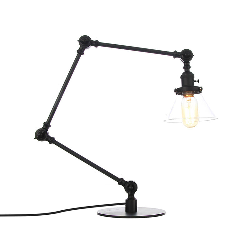 Adjustable Arm Industrial Table Lamp With Clear Glass Shade - Black/Brass Finish