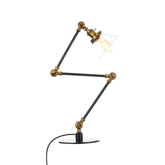 Adjustable Arm Industrial Table Lamp With Clear Glass Shade - Black/Brass Finish