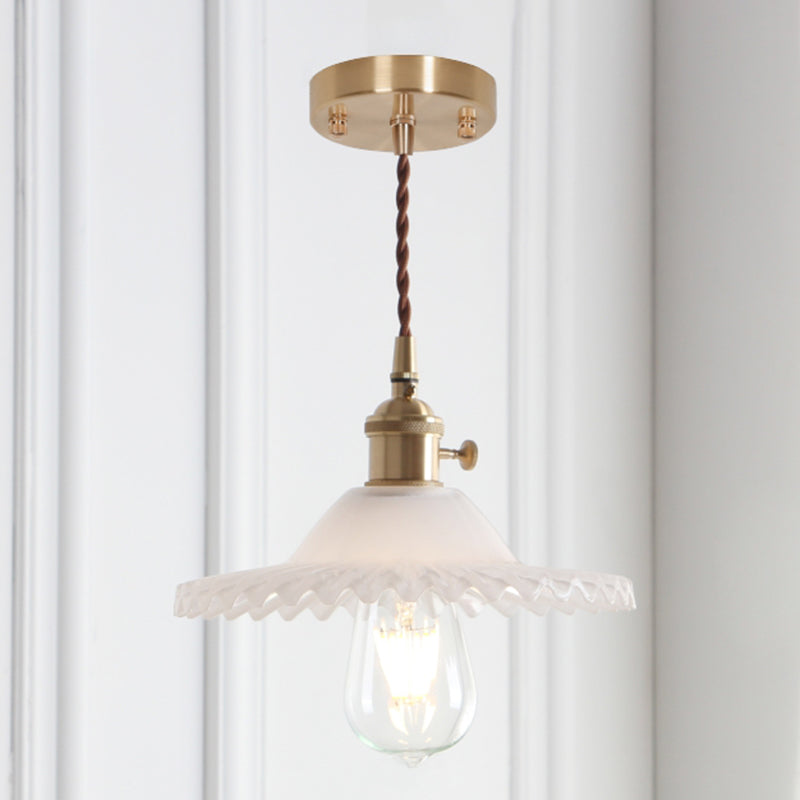 8.66 Industrial Brass Pendant Light With Scalloped Glass Shade For Coffee Shop / White