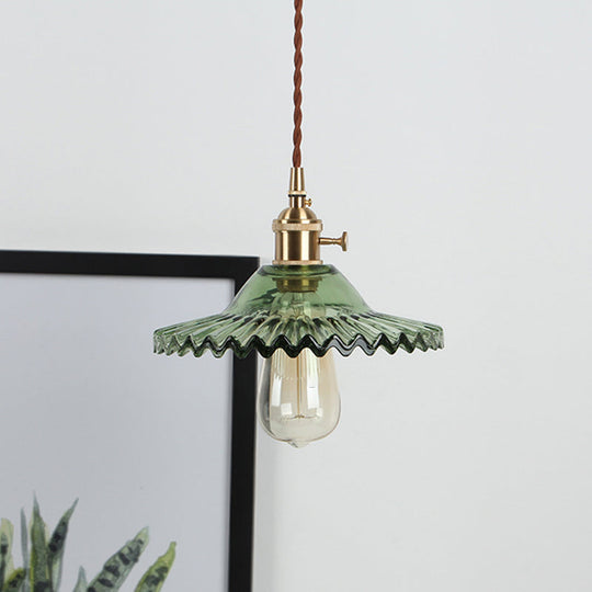 8.66 Industrial Brass Pendant Light With Scalloped Glass Shade For Coffee Shop