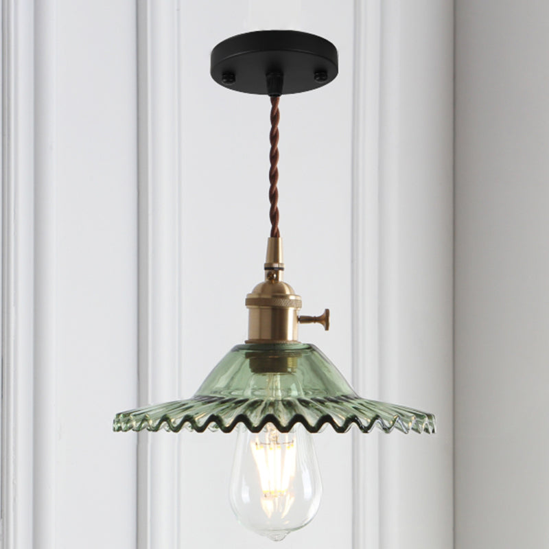 8.66 Industrial Brass Pendant Light With Scalloped Glass Shade For Coffee Shop Black / Green