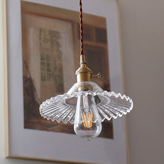 8.66 Industrial Brass Pendant Light With Scalloped Glass Shade For Coffee Shop