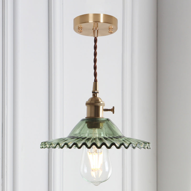 8.66 Industrial Brass Pendant Light With Scalloped Glass Shade For Coffee Shop / Green