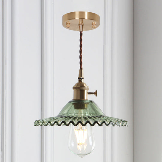 8.66 Industrial Brass Pendant Light With Scalloped Glass Shade For Coffee Shop / Green