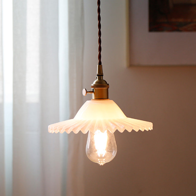 8.66 Industrial Brass Pendant Light With Scalloped Glass Shade For Coffee Shop