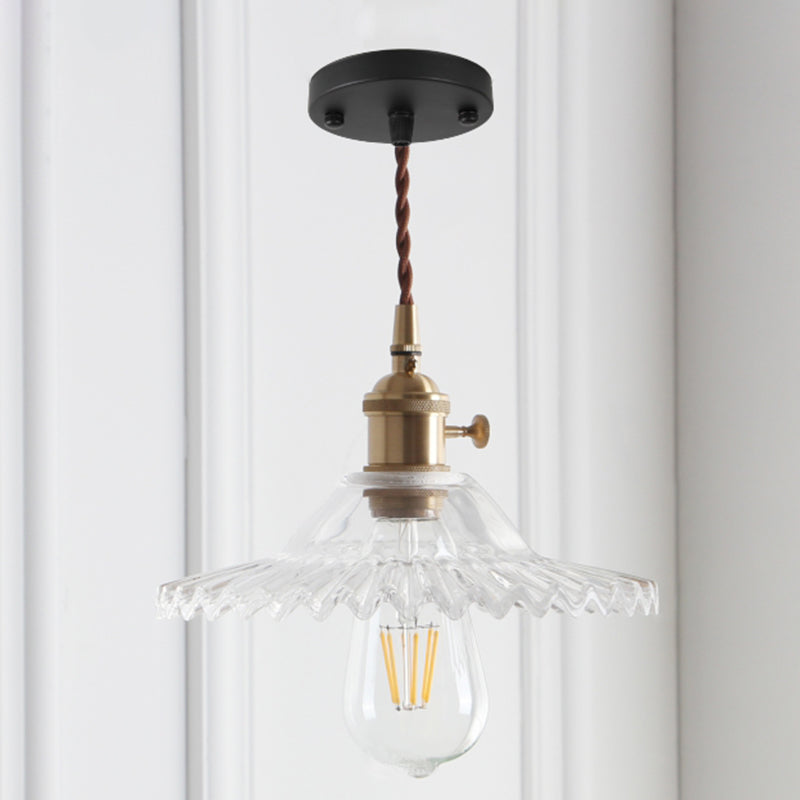 8.66 Industrial Brass Pendant Light With Scalloped Glass Shade For Coffee Shop Black / Clear