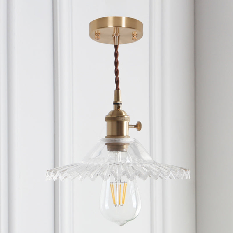 8.66 Industrial Brass Pendant Light With Scalloped Glass Shade For Coffee Shop / Clear