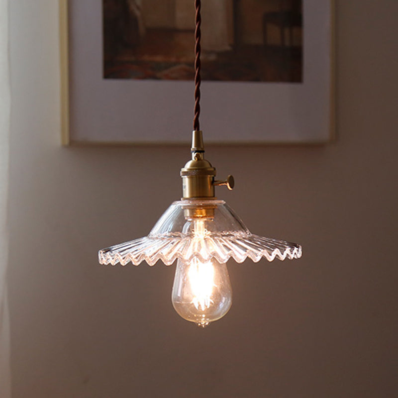 8.66 Industrial Brass Pendant Light With Scalloped Glass Shade For Coffee Shop