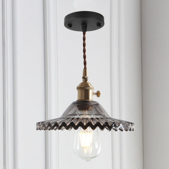 8.66 Industrial Brass Pendant Light With Scalloped Glass Shade For Coffee Shop Black / Smoke Grey