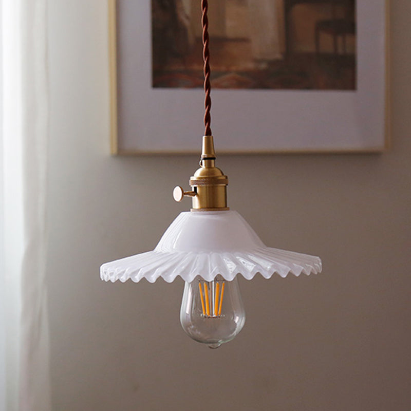 8.66 Industrial Brass Pendant Light With Scalloped Glass Shade For Coffee Shop