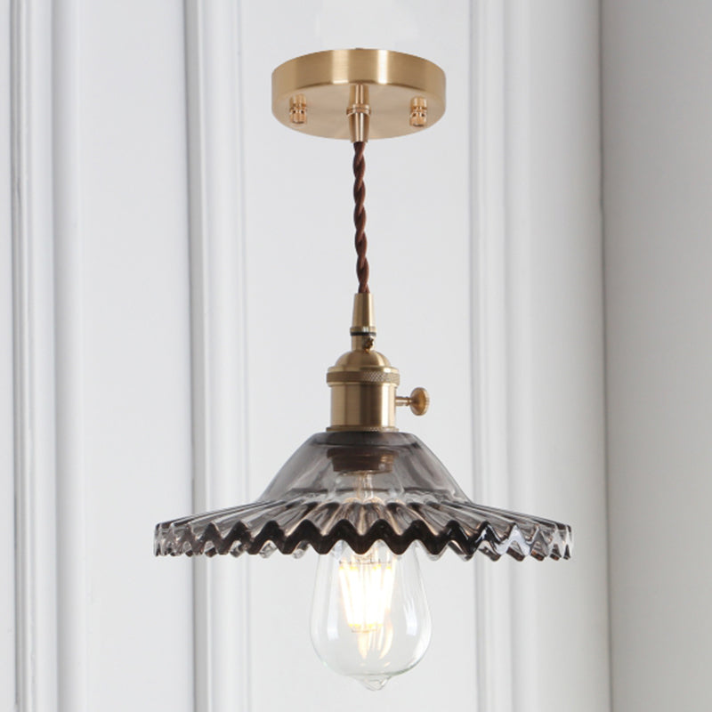 8.66 Industrial Brass Pendant Light With Scalloped Glass Shade For Coffee Shop / Smoke Grey