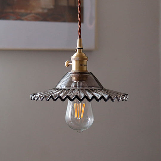 8.66 Industrial Brass Pendant Light With Scalloped Glass Shade For Coffee Shop