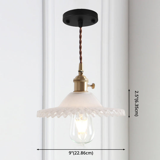 8.66 Industrial Brass Pendant Light With Scalloped Glass Shade For Coffee Shop