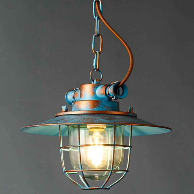 Copper Patina Industrial Iron Cage Pendant Light With Adjustable Chain Blue