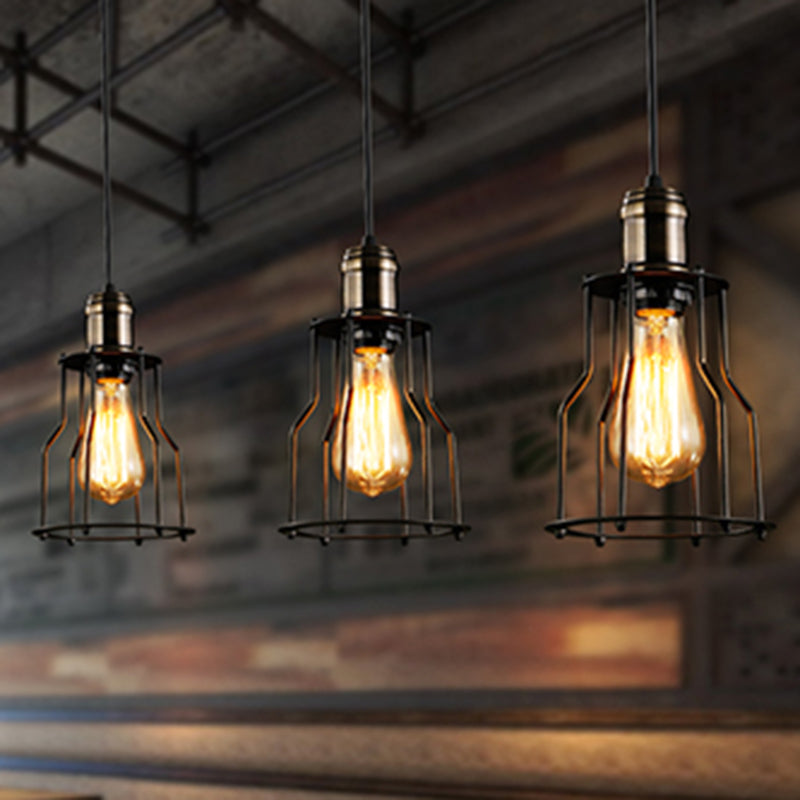 Retro Industrial Hanging Lamp - Single Light Pendant With Black Wrought Iron Frame For Restaurant