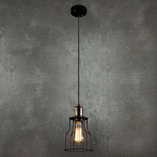 Retro Industrial Hanging Lamp - Single Light Pendant With Black Wrought Iron Frame For Restaurant