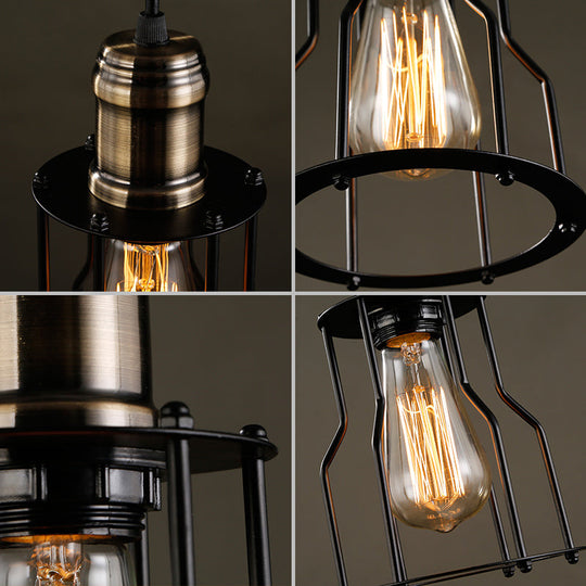 Retro Industrial Hanging Lamp - Single Light Pendant With Black Wrought Iron Frame For Restaurant