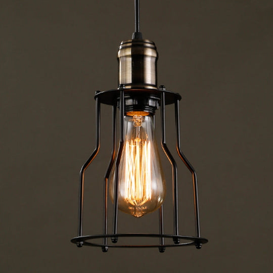 Retro Industrial Hanging Lamp - Single Light Pendant With Black Wrought Iron Frame For Restaurant