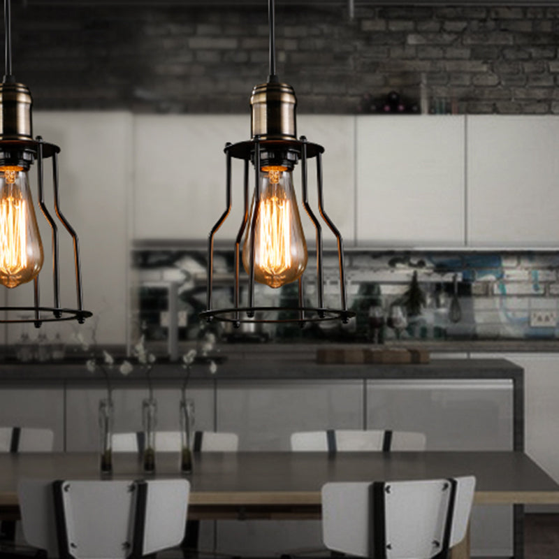 Retro Industrial Hanging Lamp - Single Light Pendant With Black Wrought Iron Frame For Restaurant