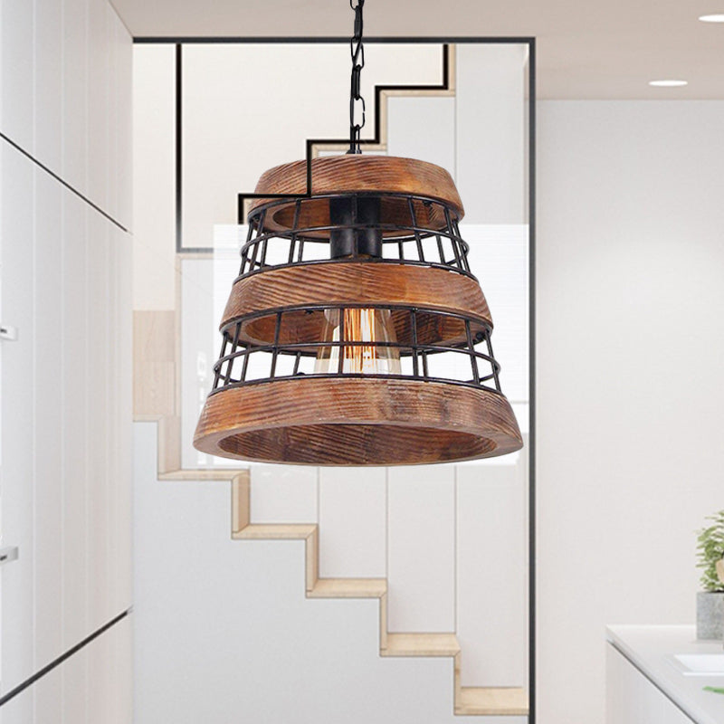 Vintage Wood Barrel Pendant Lamp With Metal Cage For Dining Room Ceiling