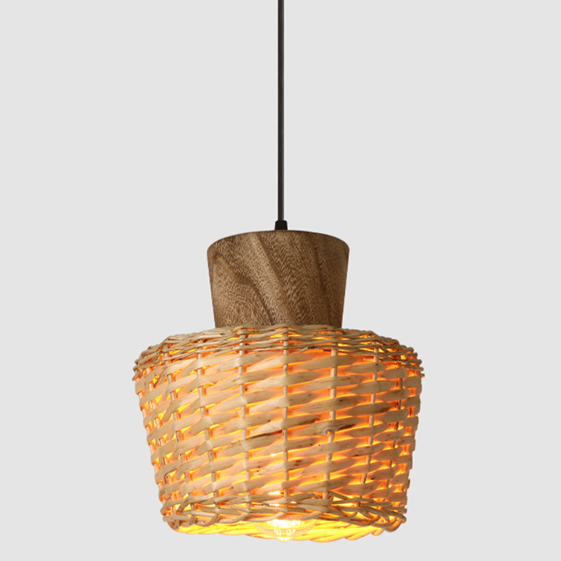 Bamboo Weave Pendant Light - Asian Style 1-Light Wooden Hanging Lamp For Bedroom Wood / Drum