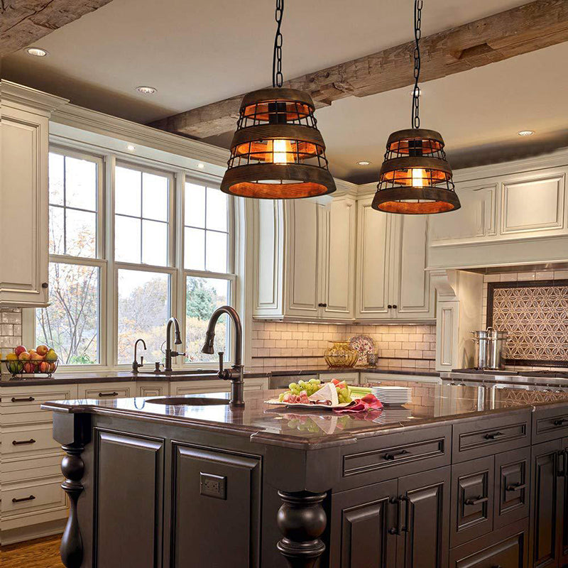 Vintage Wood Barrel Pendant Lamp With Metal Cage For Dining Room Ceiling