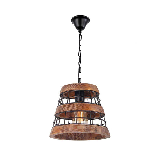 Vintage Wood Barrel Pendant Lamp With Metal Cage For Dining Room Ceiling