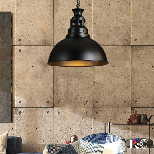 Vintage-style Iron Dome Pendant Light for Restaurant Ceilings - 1 Head, Black/White, Vented Socket