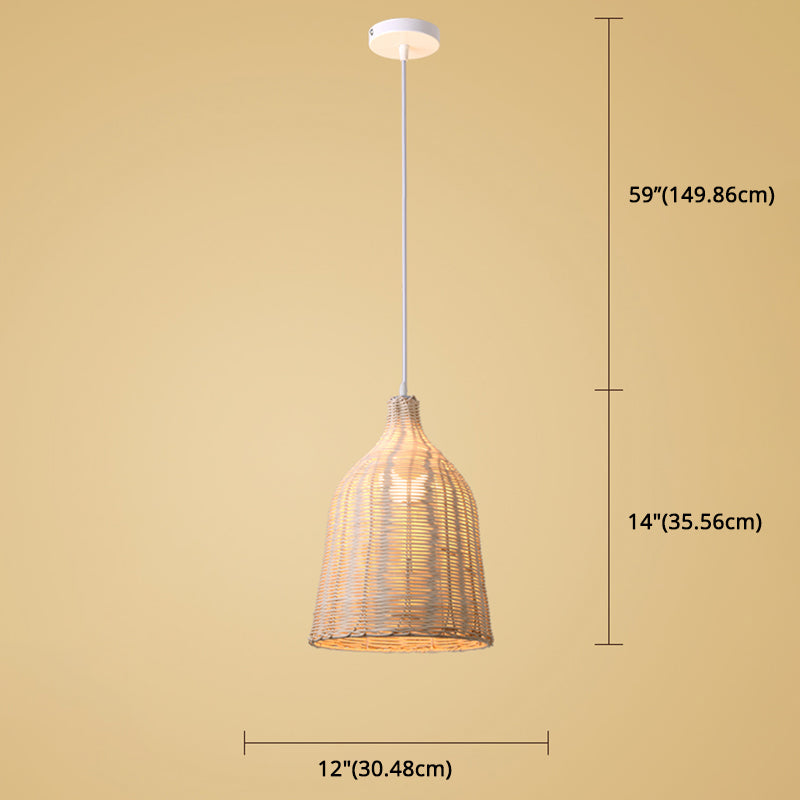 Hand-Woven Bamboo Bell-Shaped Pendant Light With Asian Rattan Shade And 59 Hanging Wire