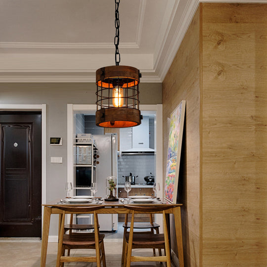 Traditional Brown Wood Barrel Pendant Lamp With Caged Hanging Ceiling Light - Perfect For Dining