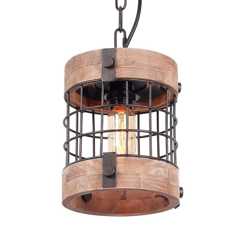 Traditional Brown Wood Barrel Pendant Lamp With Caged Hanging Ceiling Light - Perfect For Dining