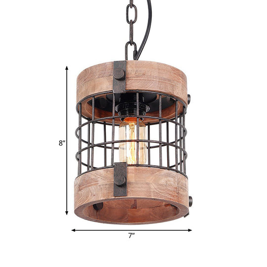 Traditional Brown Wood Barrel Pendant Lamp With Caged Hanging Ceiling Light - Perfect For Dining