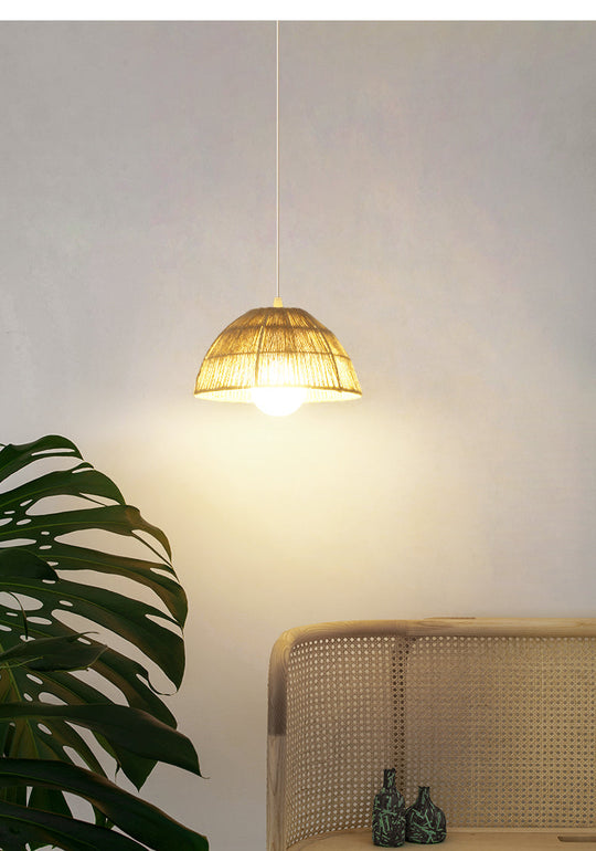 Wooden Rattan Dome Pendant Light With Asian-Inspired Suspended Design