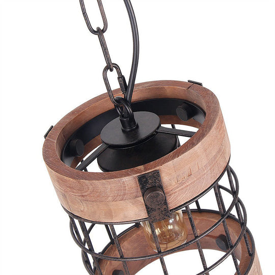 Traditional Brown Wood Barrel Pendant Lamp With Caged Hanging Ceiling Light - Perfect For Dining