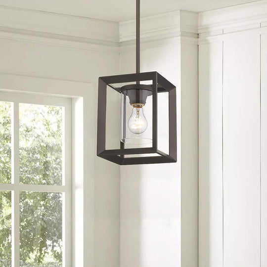 Black Cylinder Glass Pendant Light With Square Frame