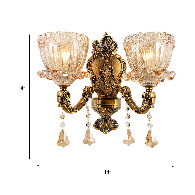 Modern Amber Glass Flower Wall Light Fixture 1/2 Head Brass Sconce With K9 Crystal Drop