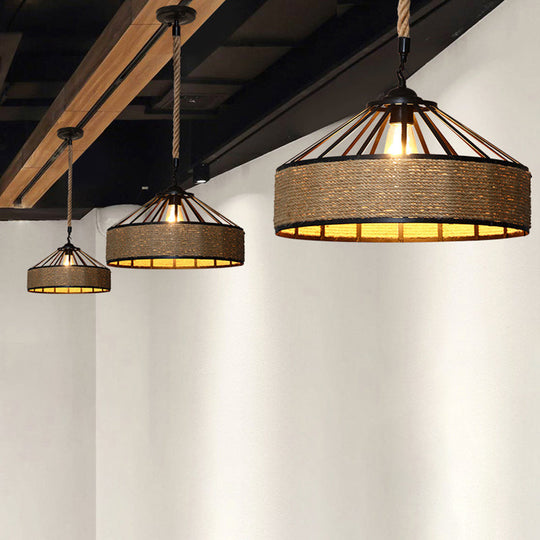 Wrought Iron Barn Pendant Light With Hemp Rope Single Bulb Drop Lamp For Bars