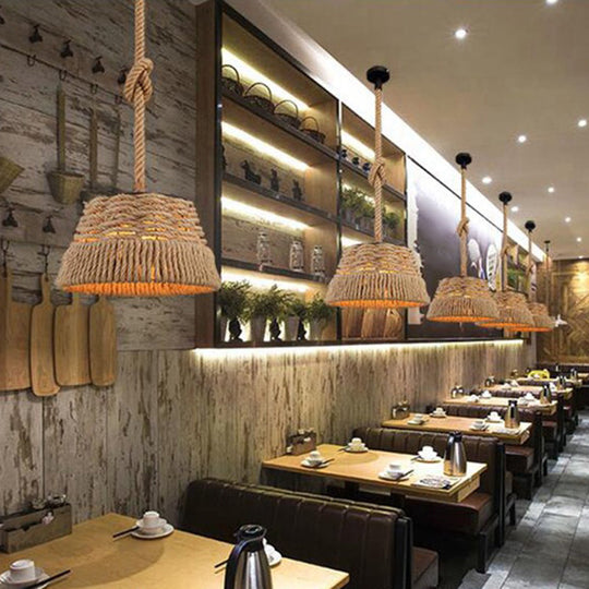 Woven Hemp Rope Pendant Light: Industrial Style Iron Shade Hanging Lamp For Restaurants