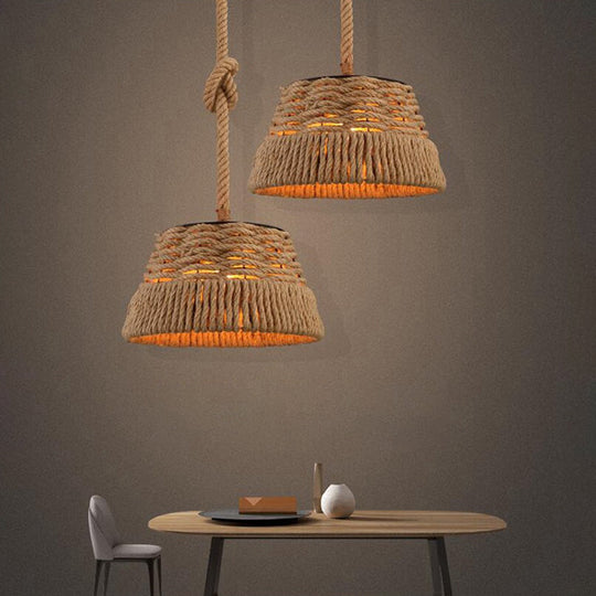 Woven Hemp Rope Pendant Light: Industrial Style Iron Shade Hanging Lamp For Restaurants