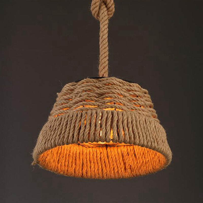 Woven Hemp Rope Pendant Light: Industrial Style Iron Shade Hanging Lamp For Restaurants