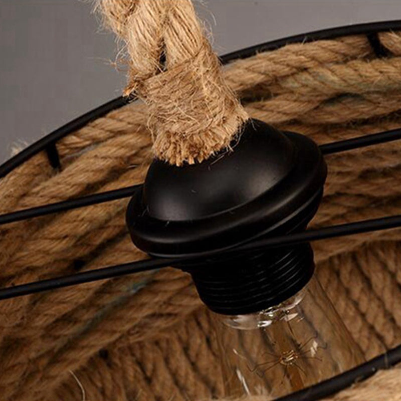 Woven Hemp Rope Pendant Light: Industrial Style Iron Shade Hanging Lamp For Restaurants