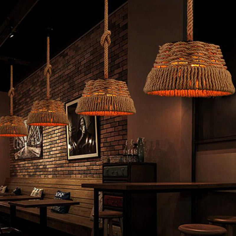 Woven Hemp Rope Pendant Light: Industrial Style Iron Shade Hanging Lamp For Restaurants